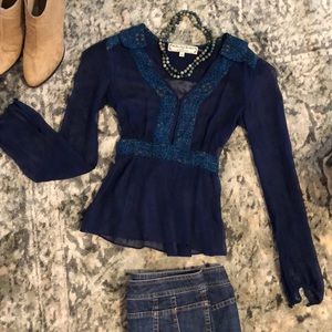 Anthropologie Navy Long Sleeve Blouse